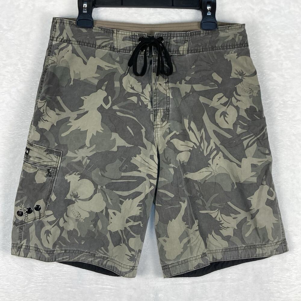 Crazy Shirts Board Shorts Men 36 Camo Girl Floral Pattern Cargo Nylon Surf Y2K